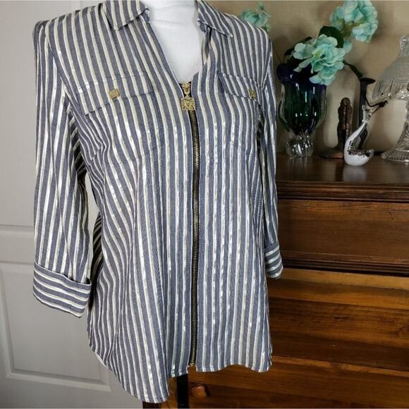 ANNE KLEIN Zip Up Blouse Metallic Gold Gray Stripe Shirt Blouse Plus Size 3X New - Picture 6 of 11